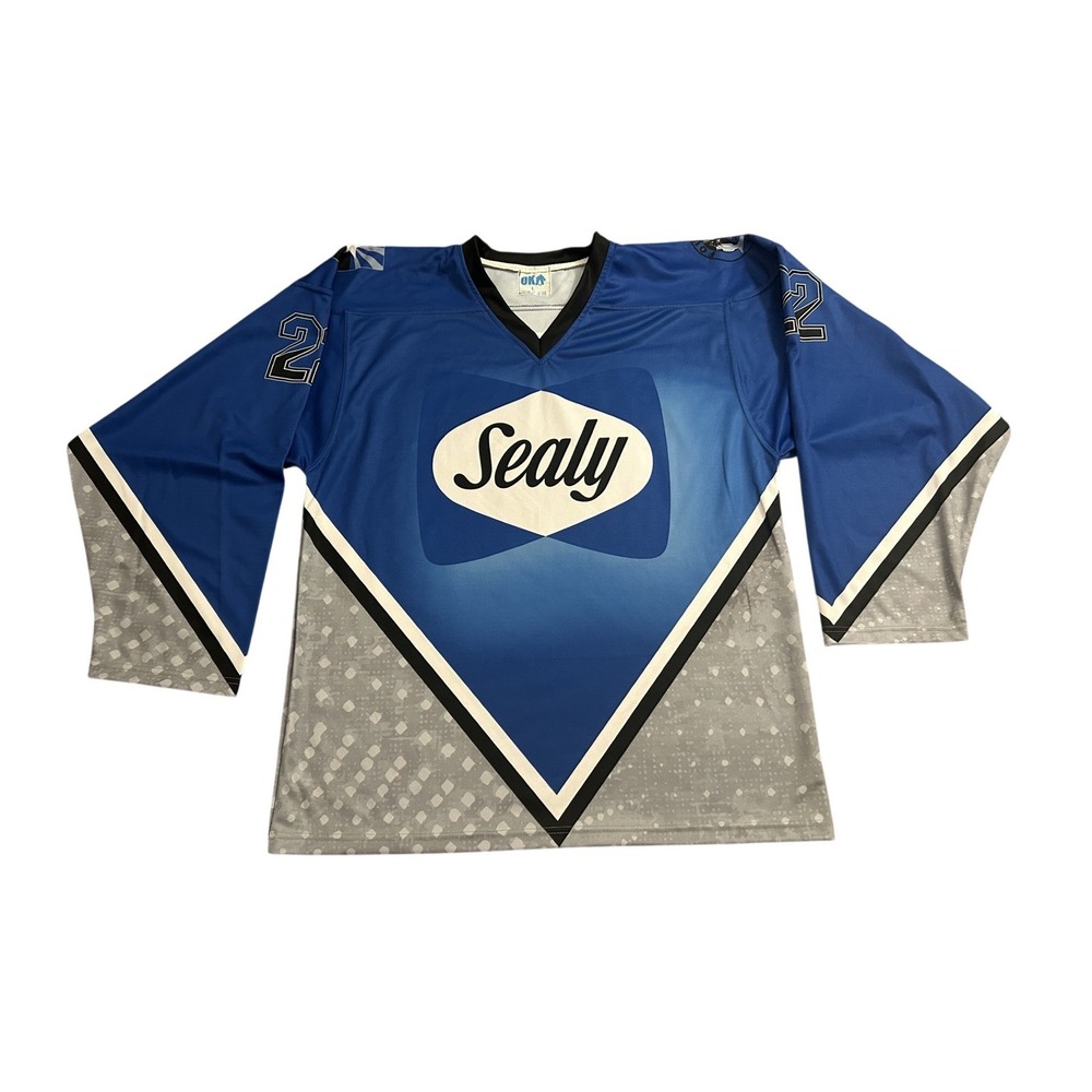 OKA Sealy Hockey Jersey Mens Large Blue Excellent Long Sleeve Graphic Arizona